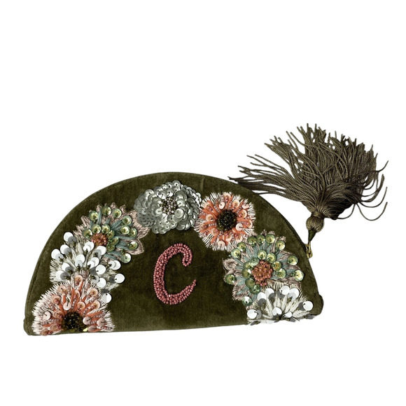 Anna Harlow Russo Anthropologie Monogram Letter "C" Clutch Velvet Green Fringe - Picture 1 of 9